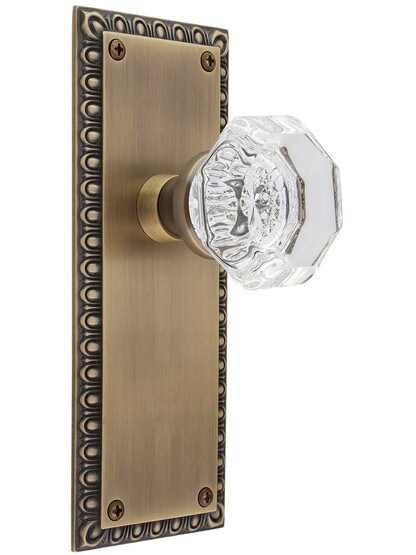 Ovolo Door Set with Waldorf Crystal Glass Knobs in Antique Brass.